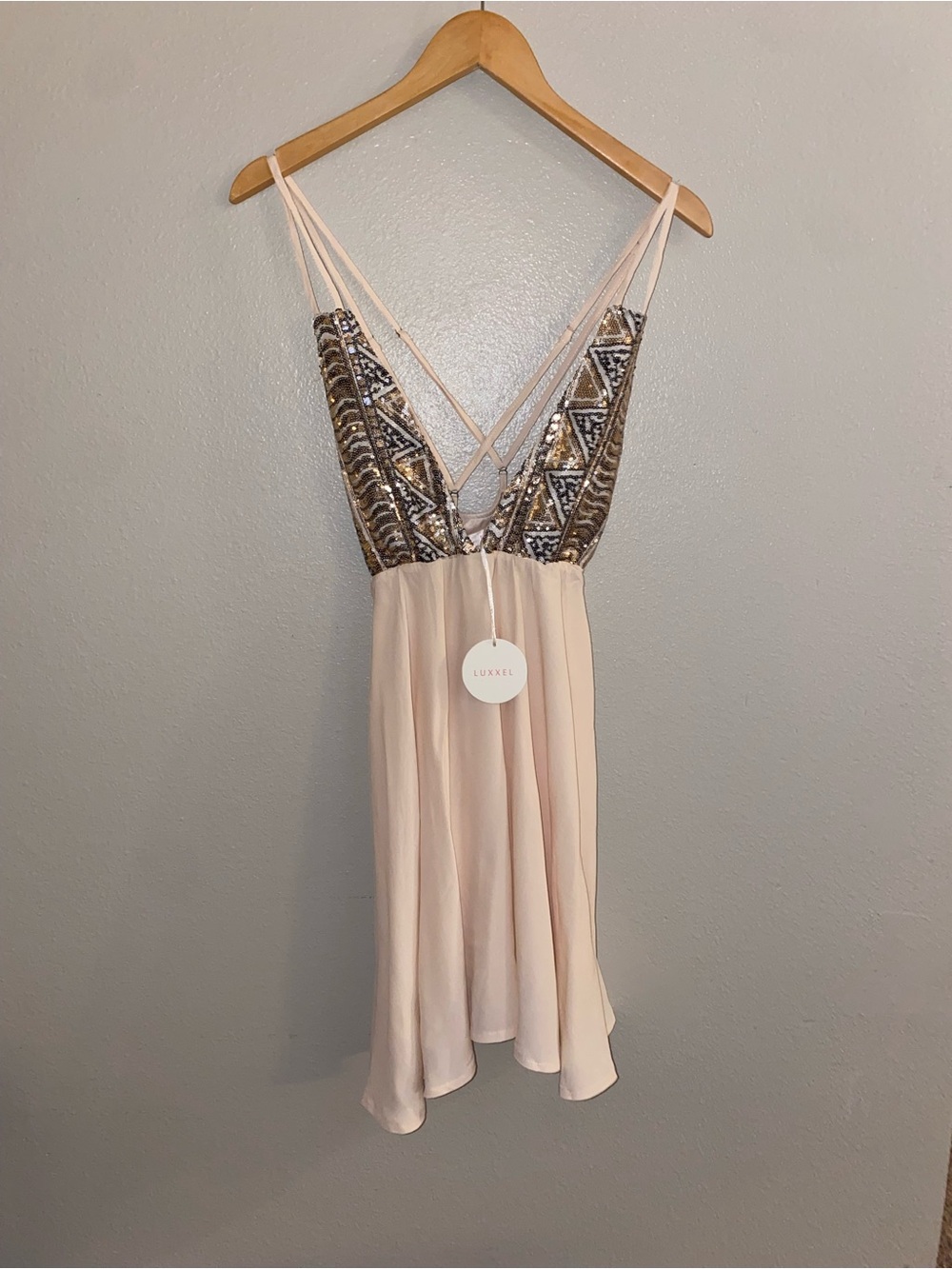 Luxxel NWT Sequin Bodice Strappy Back Mini Dress Size Small Birthday Dress
